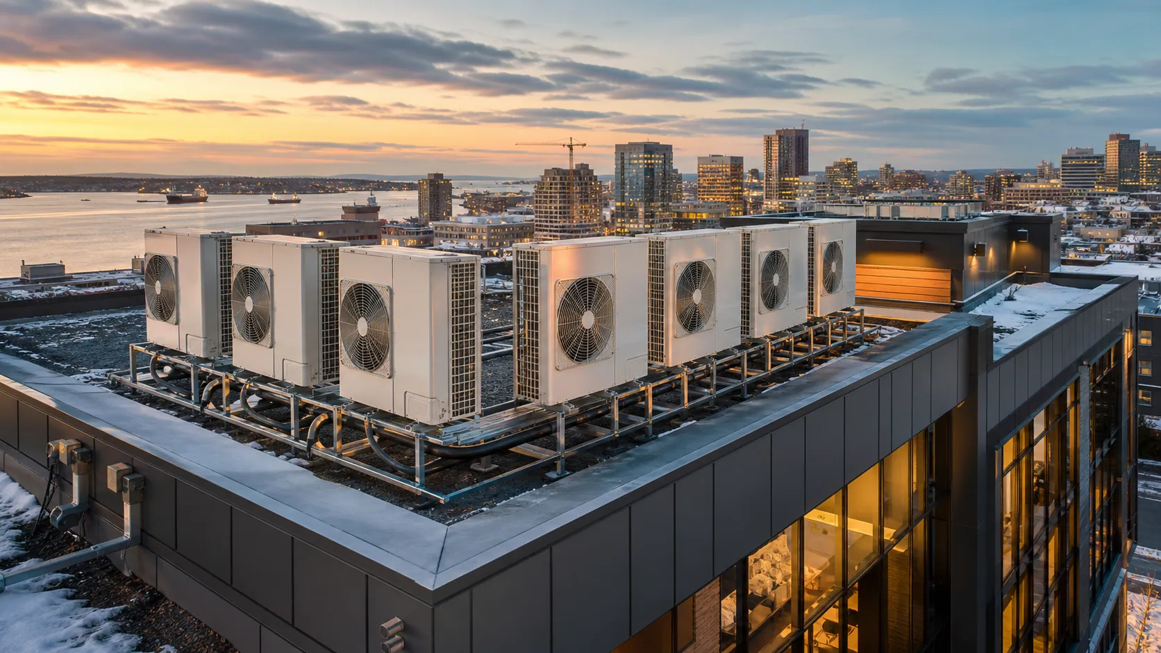 Commercial heat pump units on the rooftop of a Halifax business at dusk