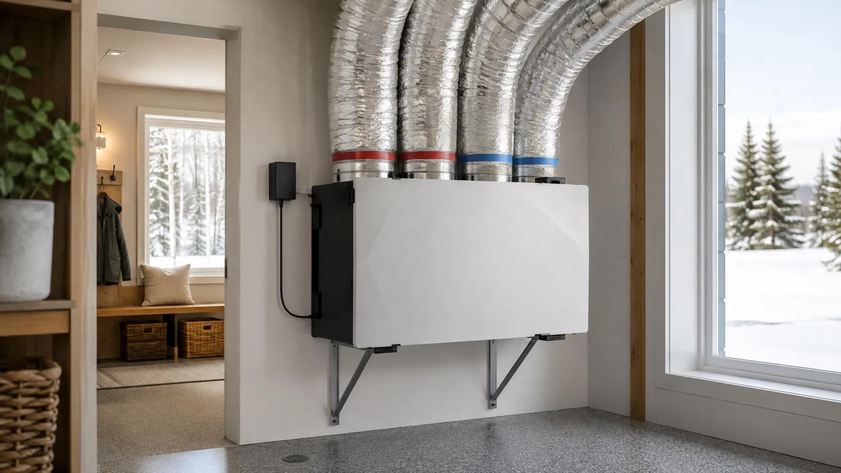 Heat recovery ventilator installed in a utility room with insulated ducts