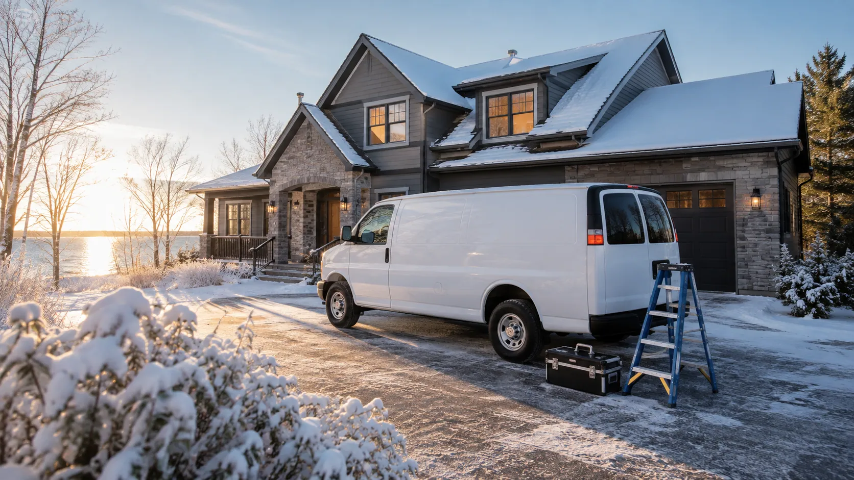 Service van parked at a snowy Nova Scotia home on a winter morning